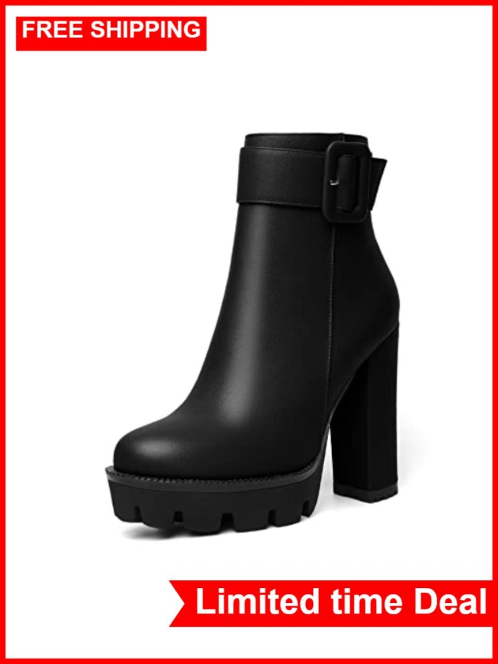 Faux Leather Platform Ankle Boots Chunky Block Heel Round Toe